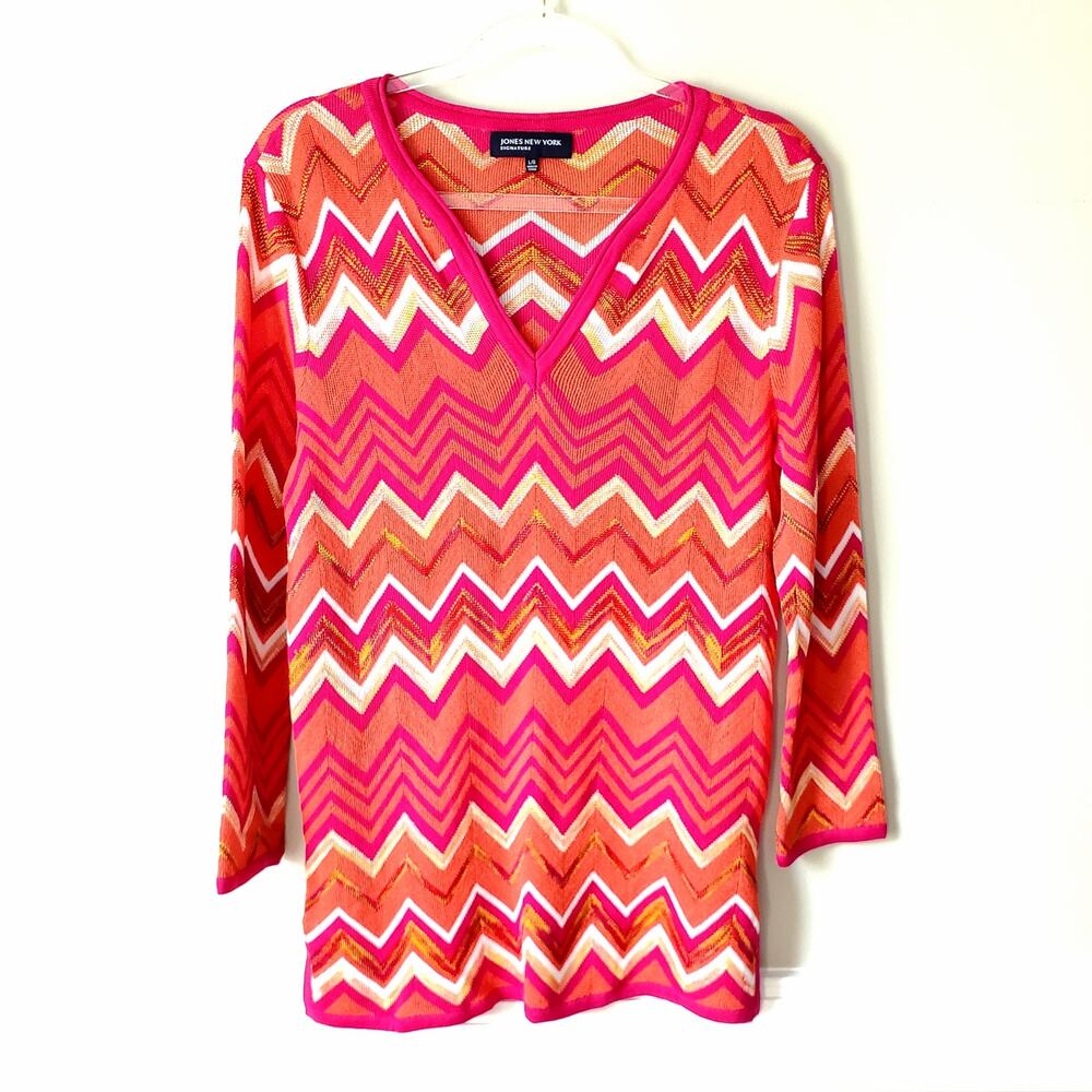 Jones New York Linen Blend Sweater Top L Chevron Pink Orange Colorful Bold NEW